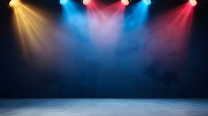 Colorful stage lights illuminate dark background, creating vibrant atmosphere
