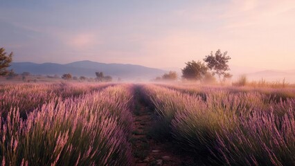 Fields of lavender in bloom with a dirt path between rows, hazy morning light and distant mountains. Concept Lavender Fields, Dirt Path Between Rows, Hazy Morning Light, Distant Mountains