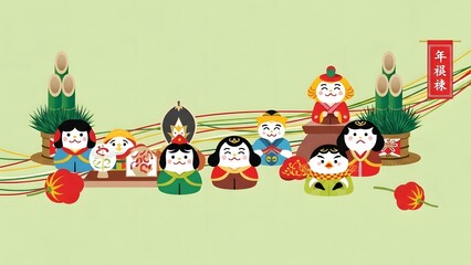 Fototapeta premium Japanese New Year Lucky Dolls Illustration | Kadomatsu Greeting