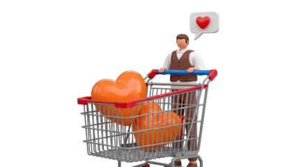 Man Pushing Shopping Cart Filled with Hearts, Love Symbol