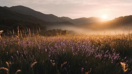 Sunrise over a foggy valley with a field of purple wildflowers and tall grasses, mountains in the distance. Concept Sunrise Valleyscape, Fog and Mist, Purple Wildflowers, Tall Grasses