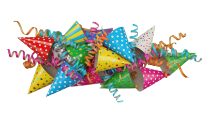 Colorful Party Hats and Streamers Isolated on Transparent Background
