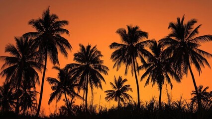 Palm trees silhouetted against an orange sunset sky. Concept Palm Tree Silhouettes, Orange Sunset Sky, Golden Hour, Tropical Beach, Serene Horizon