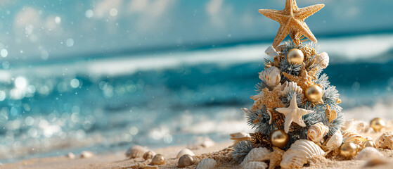 Wide Panoramic Beach Christmas Tree with Gold Ornaments