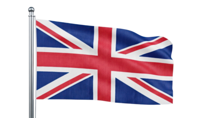 Union Jack flag waving on flagpole, isolated on transparent background