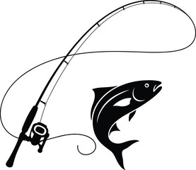 Black and white fishing rod and fish
