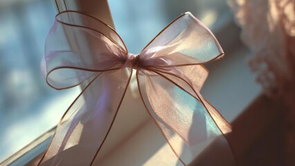 Pink sheer ribbon bow tied to a window, sunlight streaming through the delicate fabric. Concept Pink sheer ribbon, Window light, Sunlit sheer fabric, Ribbon bow decor, Soft natural light