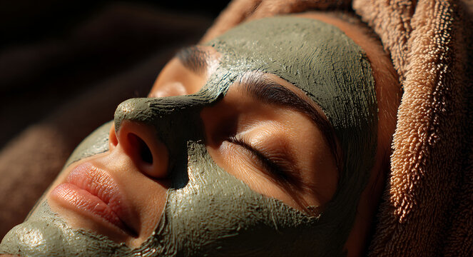 Woman relaxing with green mud mask on face during spa treatment session