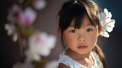 Young girl with a white flower in her hair gazes softly at the camera, sunlit cheeks and a lace dress. Concept Soft portrait of a young girl, White flower in hair, Lace dress, Sunlit cheeks