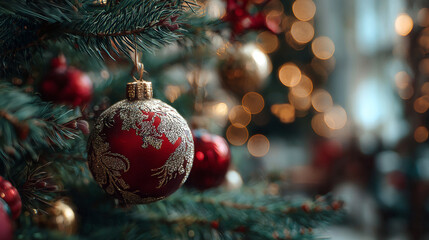 Red and Gold Christmas Ornament Hanging on Pine Tree with Bokeh Lights