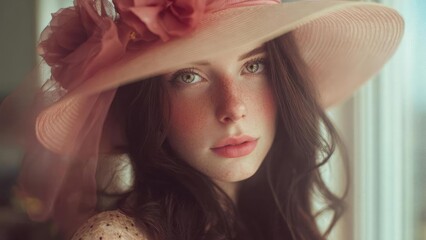 Portrait of a freckled woman with green eyes wearing a pink wide-brim hat with flowers, gazing softly by a window. Concept Freckled woman with green eyes, Pink wide-brim hat with flowers