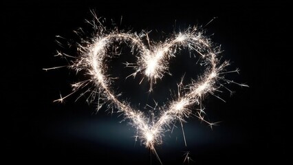 A lit sparkler traces a glowing heart shape against a dark background. Concept Sparkler photography, Light painting, Night photography, Heart-shaped glow, Long exposure