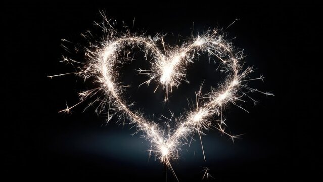 A lit sparkler traces a glowing heart shape against a dark background. Concept Sparkler photography, Light painting, Night photography, Heart-shaped glow, Long exposure - Powered by Adobe