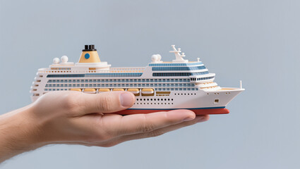 Your Dream Voyage in Hand Miniature Cruise Ship Model on Pale Background.