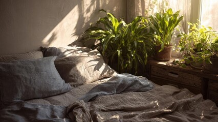 Cozy bed with gray linen and striped pillows in a sunlit room, surrounded by potted plants on a wooden bench. Concept Cozy bed with gray linen, Striped pillows and soft textures