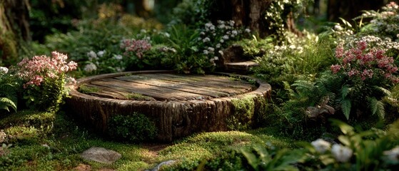 A mossy wooden platform sits among lush forest flora and pink blossoms. Ideal for magical product displays, nature themes, or serene background shots.