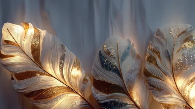 Abstract illustration of feather textures with golden and silver details