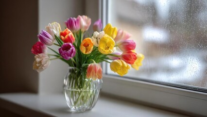 Colorful tulips in a clear glass vase on a windowsill beside a rain-streaked window. Concept Tulips in a glass vase, Rainy window scene, Windowsill floral arrangement, Colorful spring flowers