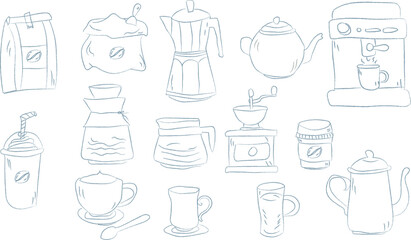 Hand Drawn Coffee and Tea Equipment Sketch Set with Brewing Tools and Cups Illustration. Transporent backgound, PNG format