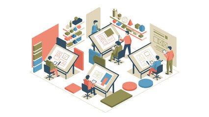 Obraz premium Architectural Studio with Designers Working on Blueprints.