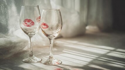 Two empty wine glasses with red lipstick kiss marks on the inside, set on a sunlit table. Concept Lipstick-Kissed Wine Glasses, Sunlit Table Still Life, Romantic Still Life, Empty Glassware
