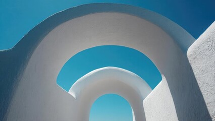 White curved archways forming concentric rings against a bright blue sky. Concept Architectural arches, Concentric rings, White structures, Blue sky backdrop, Minimalist geometry