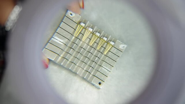 Close-up of precision gold-plated pogo pin test probes aligned on a small mounting fixture under magnification, viewed through circular lens during electronics inspection