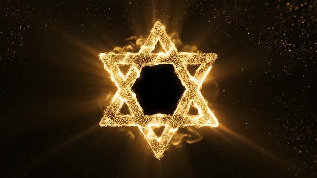 Star of david Cinematic video: The Star of David forming and materializing from swirling golden particles and glittering dust against a deep black background. Magical atmosphere, 3D render AI