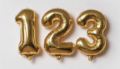 Vibrant photo of Golden foil number balloons 1, 2, 3 isolated on white background