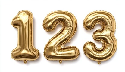 Vibrant photo of Numbers 1, 2 and 3 golden foil balloons isolated on white background