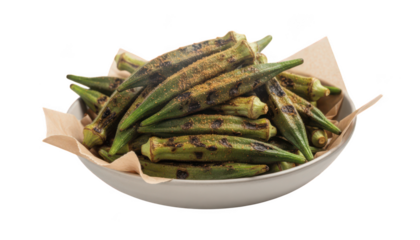 A bowl of delicious roasted okra with spices and herbs isolated on transparent background