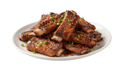 A plate of delicious barbecue ribs garnished with green onions isolated on transparent background