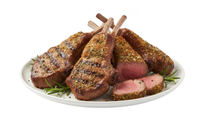 A plate of seasoned lamb chops with one cut open to show pink interior isolated on transparent background