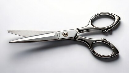 Fototapeta premium Shiny Silver Scissors on a White Surface, Close-Up Shot, Isolated Object.