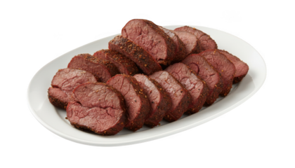 A plate of sliced meatloaf on a white plate and background isolated on transparent background