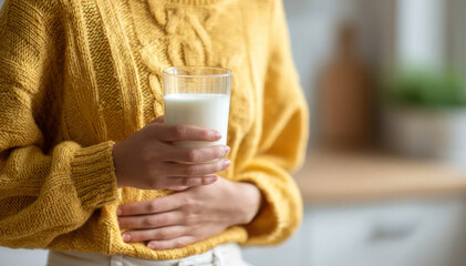 Holding a glass of milk while wearing a yellow sweater in a kitchen setting