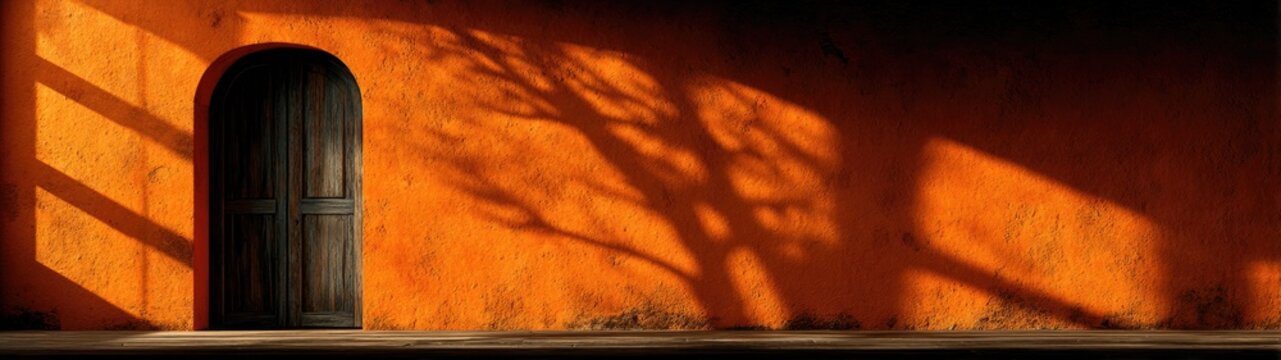 Vibrant orange wall, dark door, dramatic shadows from sun and tree. Evokes warmth and mystery, perfect for rustic travel or cultural themes.
