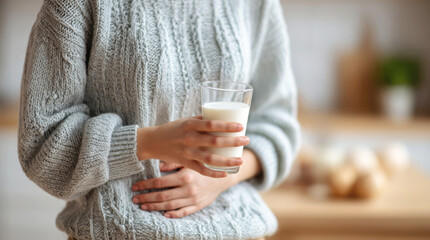 Woman holding a glass of milk while standing in a kitchen during the day