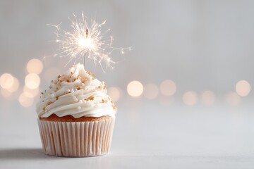 Celebration Cupcake with Sparkler, White Frosting and Gold Sprinkles, Bokeh Lights Background