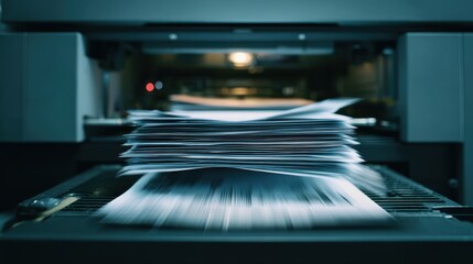 Stack of papers moving through a printing press machine, motion blur effect