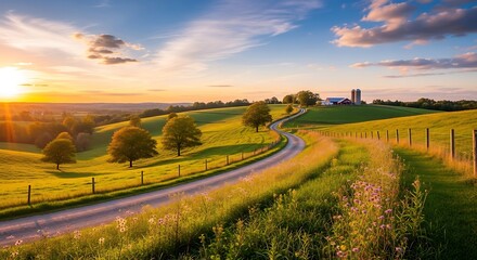 Tranquil Landscape View of Countryside Road at Sunrise with Farm in Distance