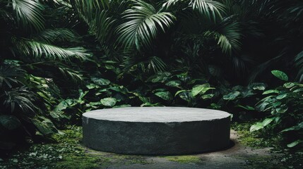 Stone podium platform in lush tropical jungle background for product display mockup