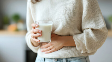 Woman holding a glass of milk while touching her stomach in a bright indoor space