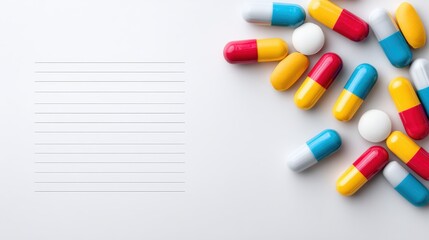 Colorful capsule medicines arranged artistically on a clean white surface with ample copy space for text, illustrating pharmaceutical concepts and health-related themes