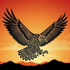 Tribal Eagle Soaring Over Mountain Landscape Against Dramatic Sunset Sky Silhouette Vector