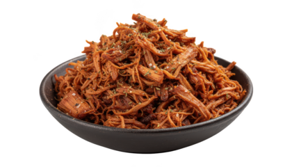 A black bowl filled with shredded meat in a rich red sauce isolated on transparent background