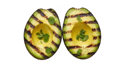 Grilled avocado halves with cilantro on a transparent background
