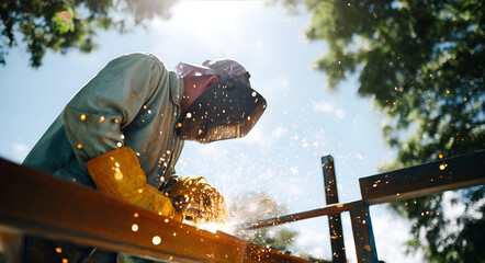 Professional welder working on metal structure outdoors with sparks flying
