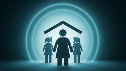 Family Protection Concept with Glowing House Icon and Silhouettes