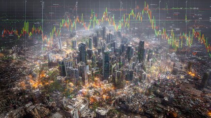 Surreal city bending under digital chart waves, economic uncertainty theme